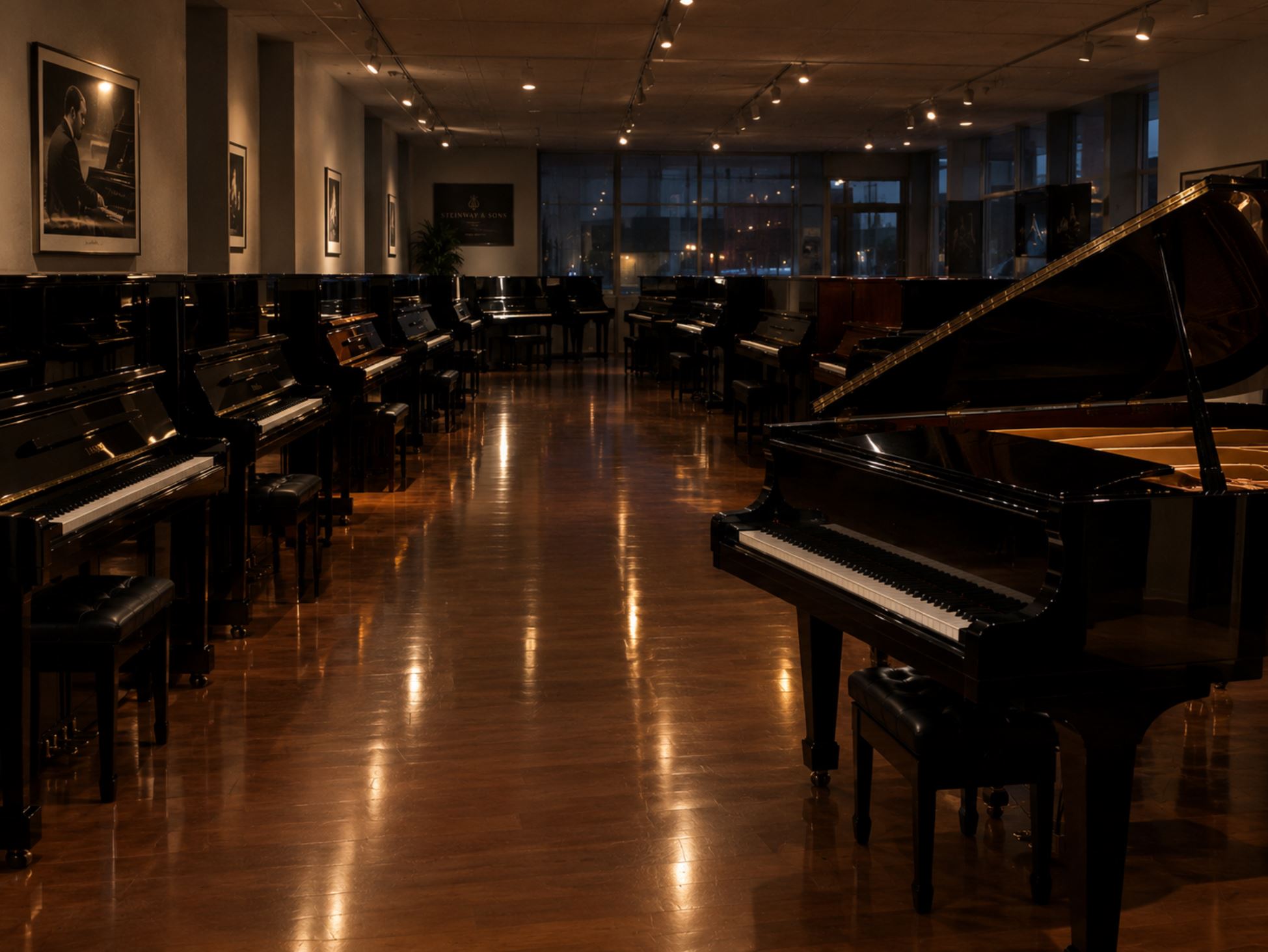 A quiet piano showroom at closing time, a dozen uprights and one grand arranged in rows on a polished wooden floor, overhead lights dimmed to half, no people, long reflections in the piano lids, sense of stillness and expense