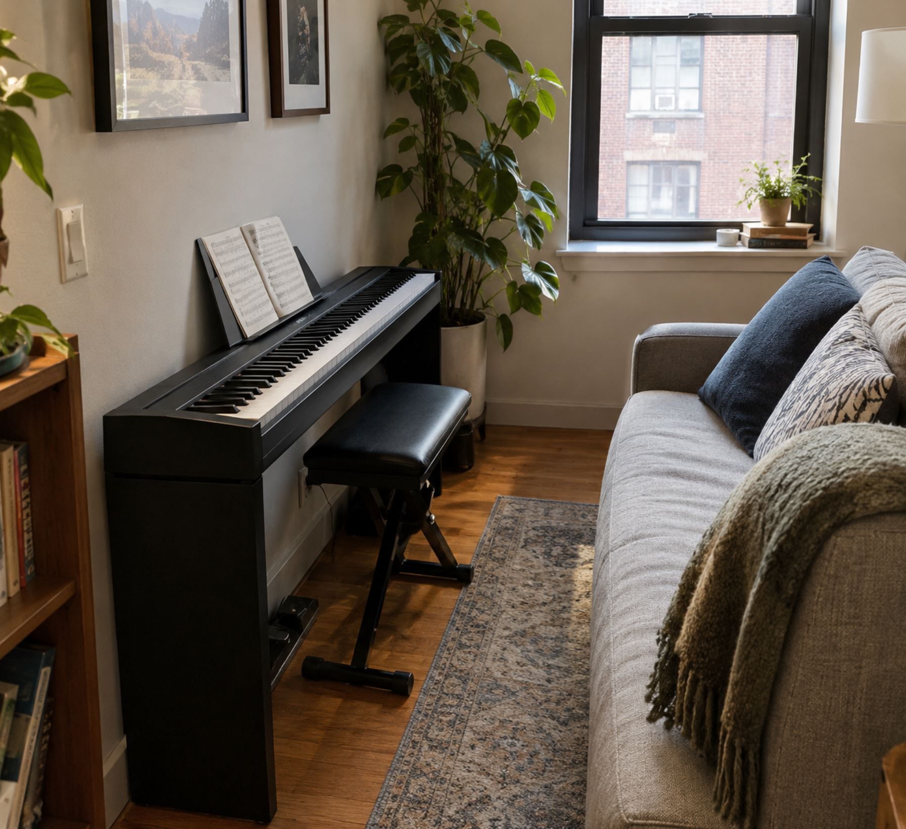 A slim digital piano on a narrow stand against the wall of a small modern apartment living room, a sofa close by with only a narrow walkway between them, houseplant in the corner, afternoon light through a single window, realistic cramped but tidy space