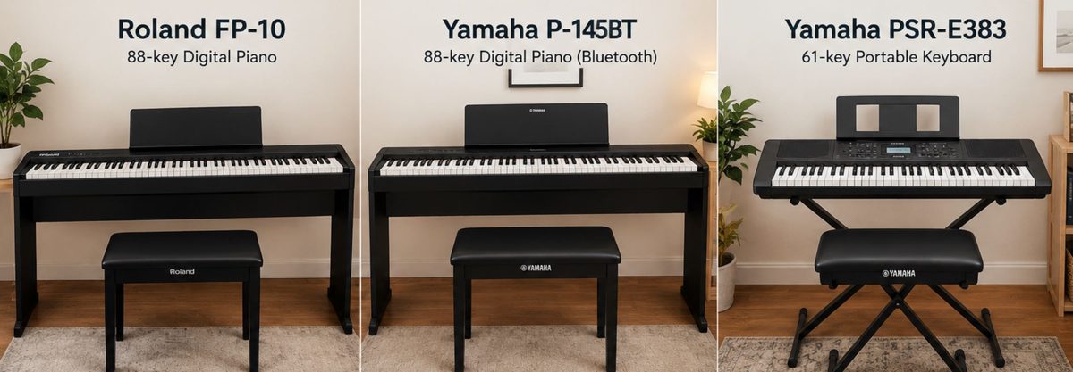 Three digital pianos and keyboards side by side