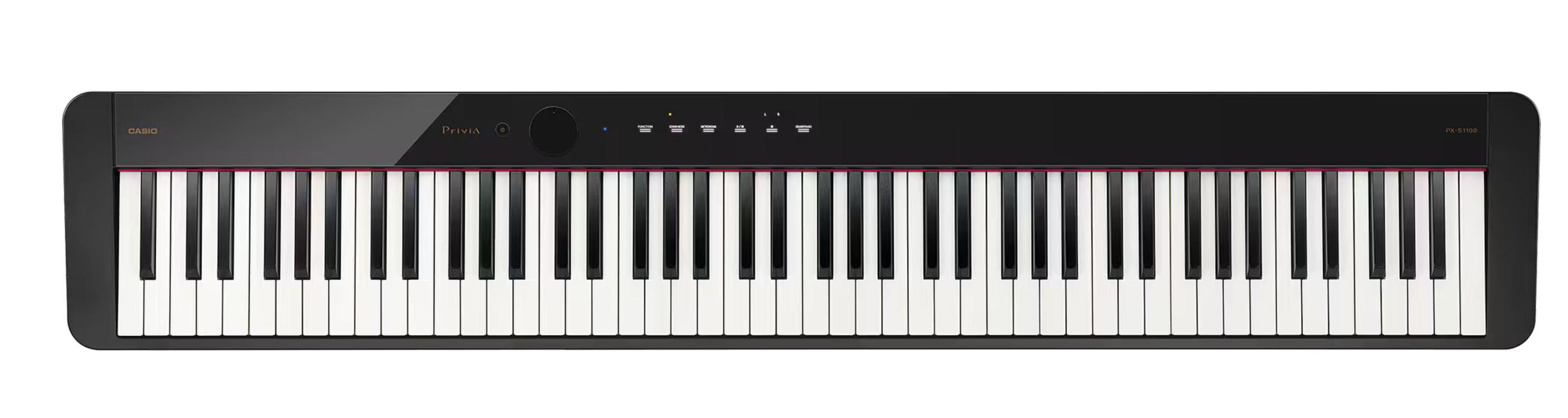 A slim gloss black 88-key digital piano photographed straight on from the front against a plain white background, minimal control panel with touch sensors, clean product shot