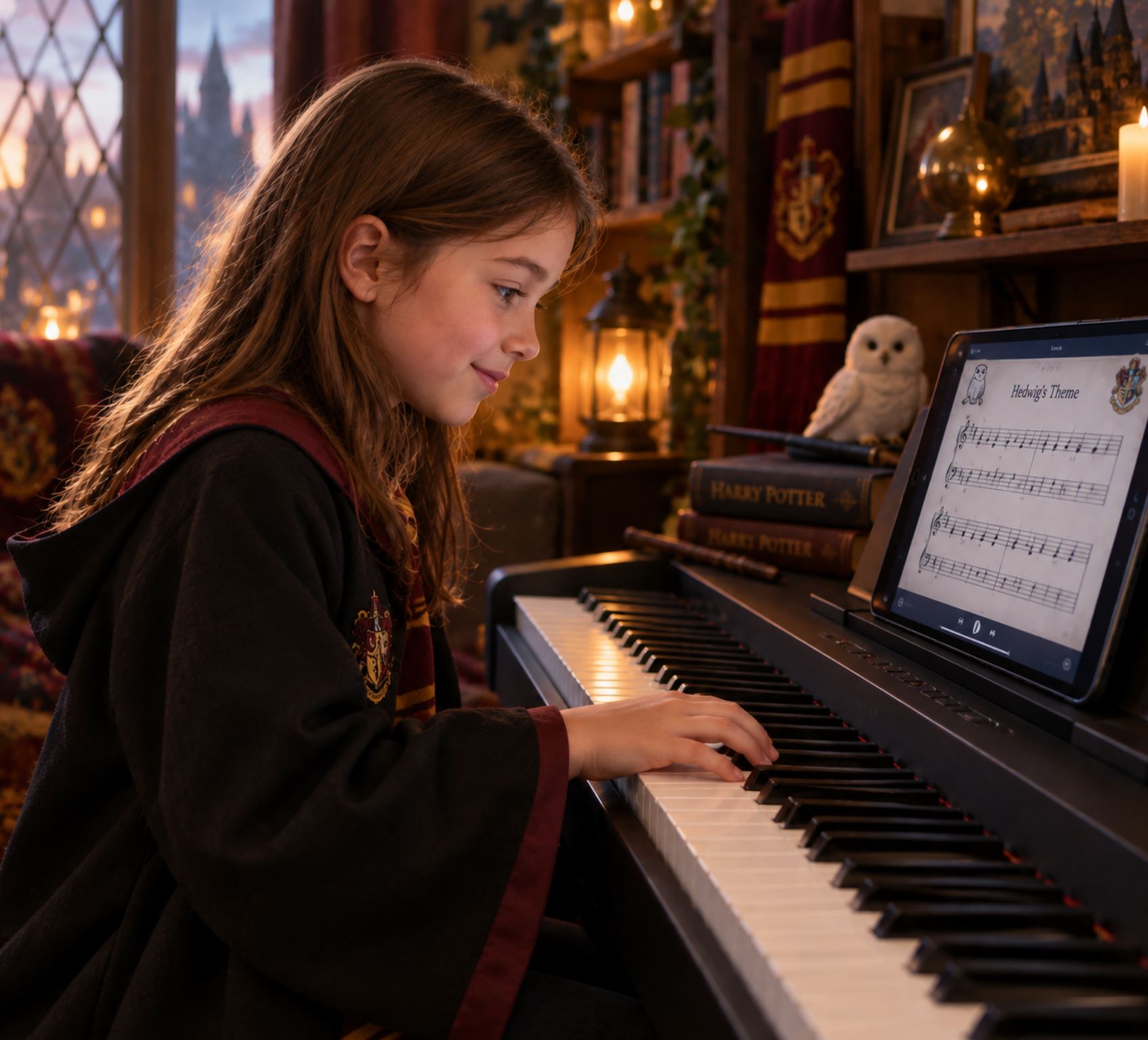 A child about nine years old sitting at a digital piano, leaning forward with visible concentration and a small smile, one hand on the keys, a tablet propped on the music stand showing simple sheet music, cosy home interior with bookshelves in soft focus behind