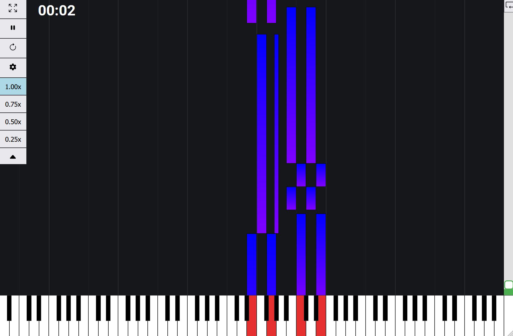 Clair de Lune open in the Melodease piano app, showing the sheet music in five flats with the falling-note half view beneath the staff and the speed control set well below full tempo