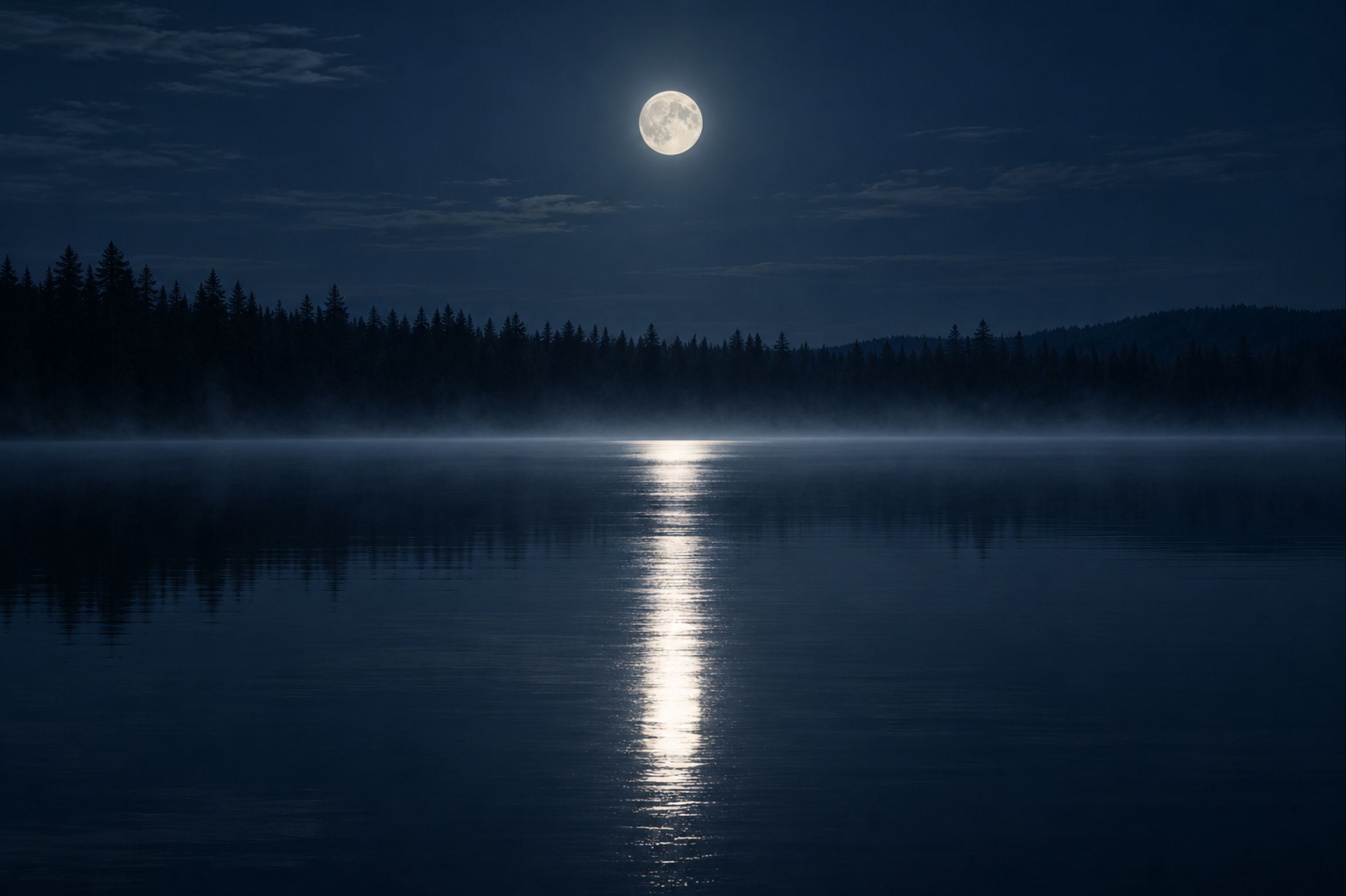 A still lake at night under a full moon, perfectly flat water reflecting the light in a long silver band, dark pine trees along the far shore, a low mist hanging just above the surface, no people, no movement, deep blues and silvers