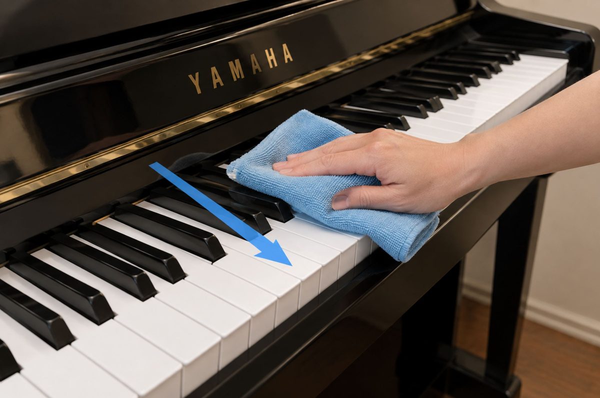 Microfiber cloth wiping piano keys from back to front