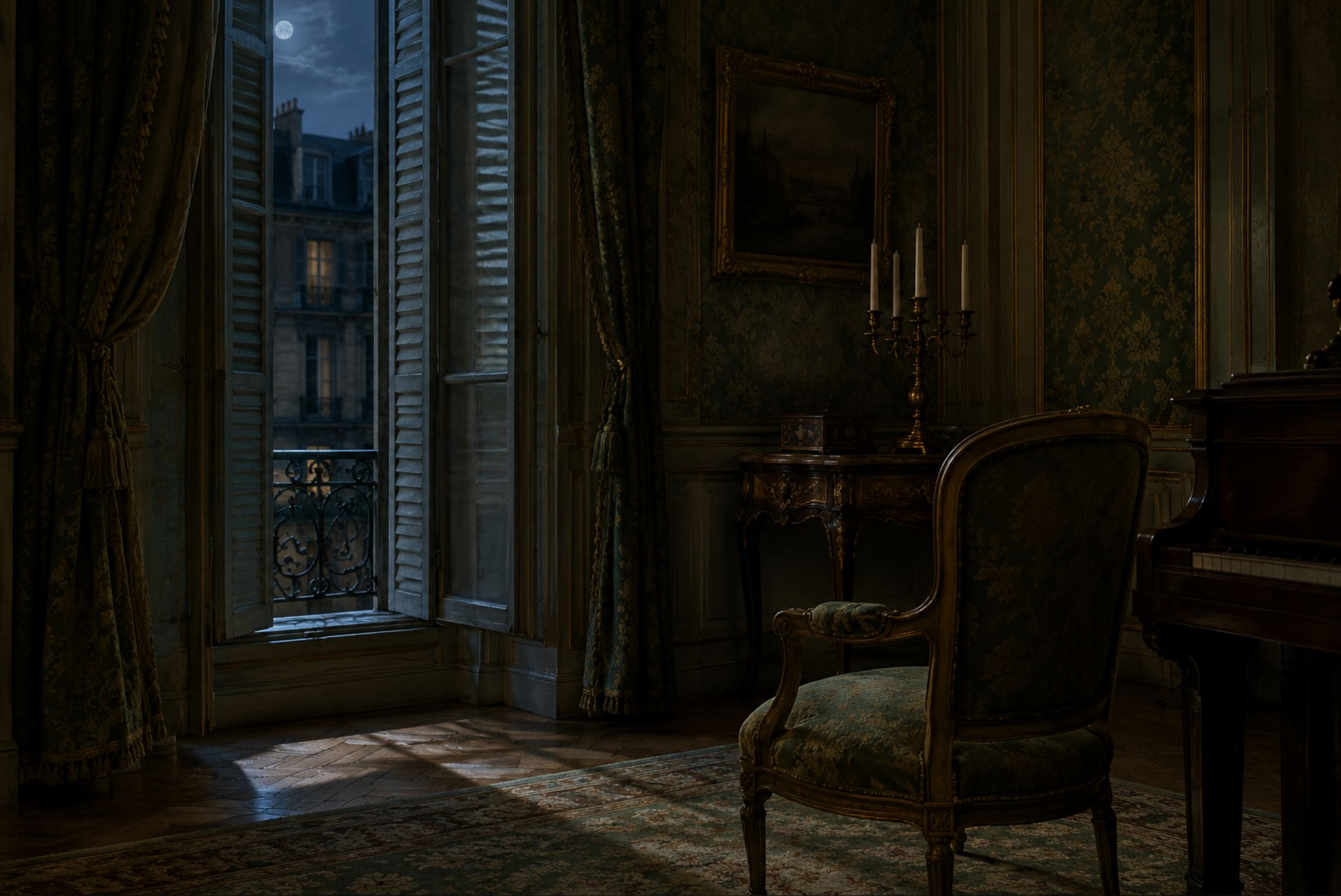 An empty nineteenth century Parisian salon at night, tall shuttered windows half open to a moonlit courtyard, a candelabra with unlit candles on a side table, heavy patterned wallpaper, an upholstered chair angled toward a closed piano just out of frame, muted greens and golds, completely still