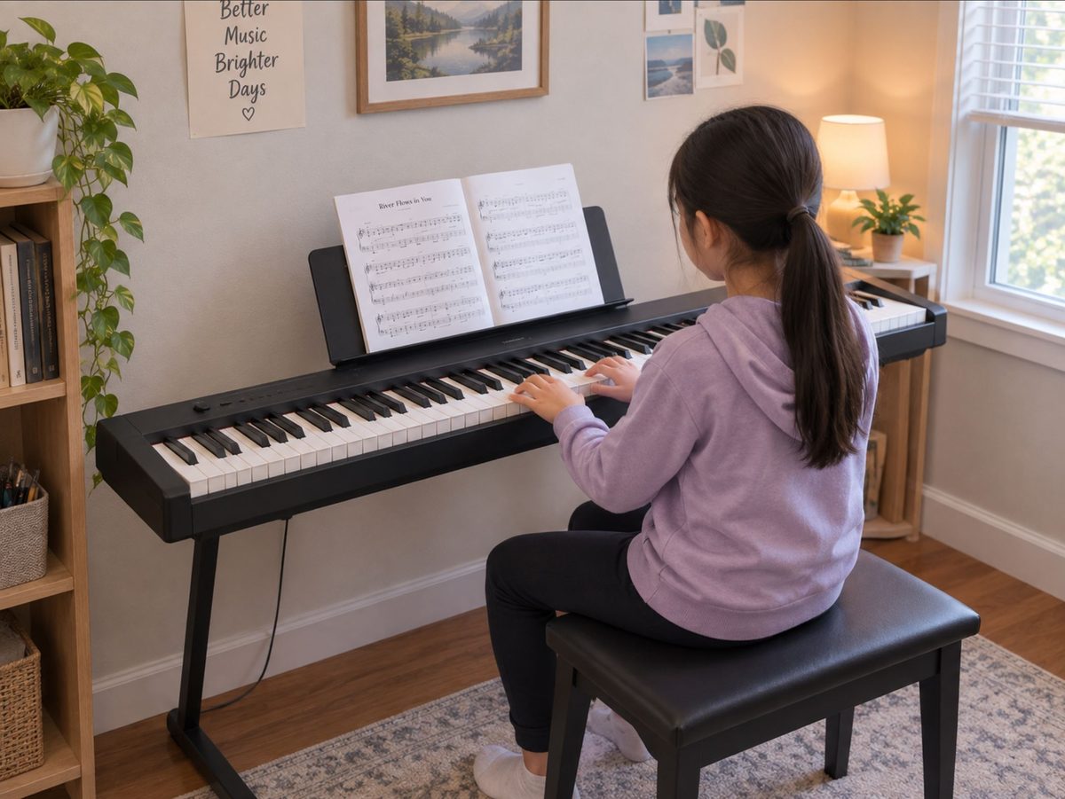 Slim 88-key digital piano set up in a home practice space