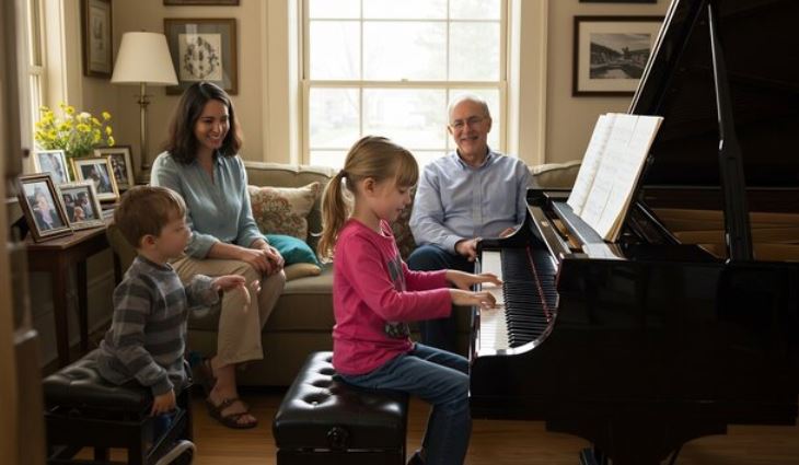 A child performing at an upright piano in a living room while four family members including grandparents sit on a sofa and armchair watching and clapping, warm lamplight, mugs of tea on a side table, genuine relaxed smiles, cosy informal evening atmosphere