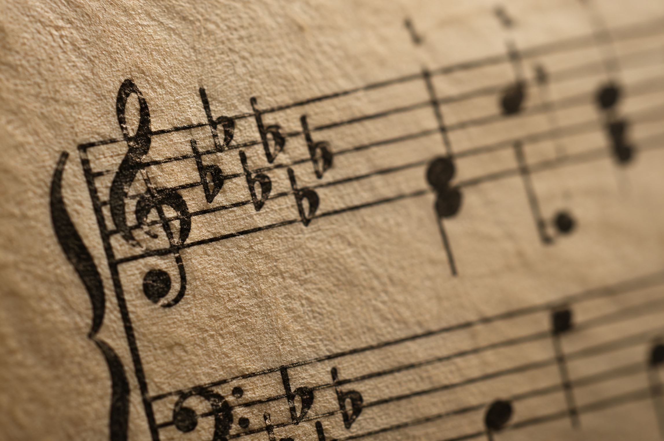 Extreme close up of an aged printed music score showing a key signature with five flats at the start of the staff, slightly yellowed paper with visible fibre texture, raking side light picking out the ink, shallow depth of field so the rest of the bar falls away