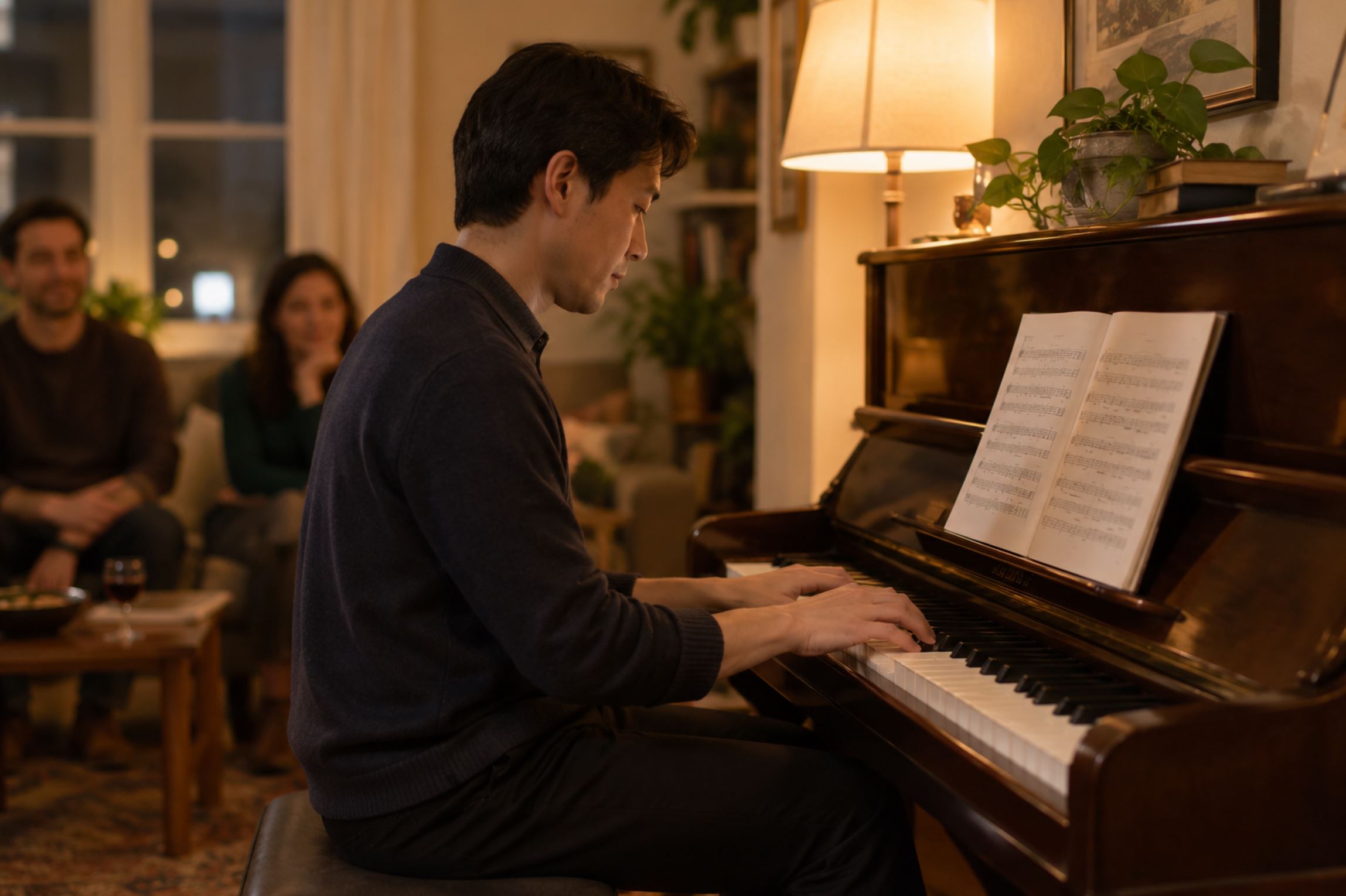 An adult pianist seated at an upright piano in a living room playing with relaxed confident posture, eyes on the music, other people out of focus listening in the background, warm lamp light in the evening