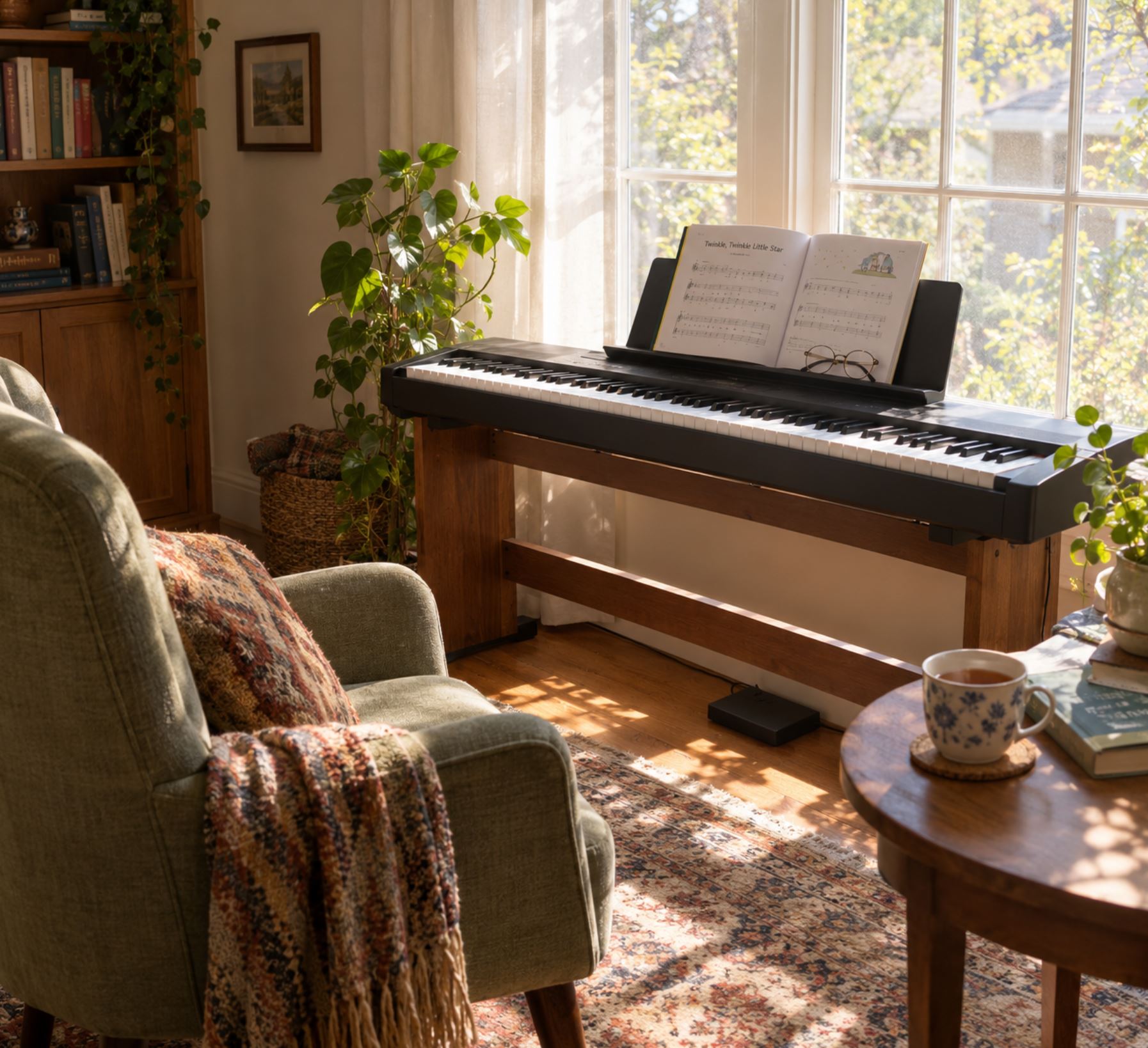 A sunlit corner of a living room with a digital keyboard on a wooden stand beside a tall window, a comfortable armchair angled toward it, a pair of reading glasses resting on the music stand next to an open beginner songbook, a cup of tea on a side table, soft morning light, no people, warm and lived-in