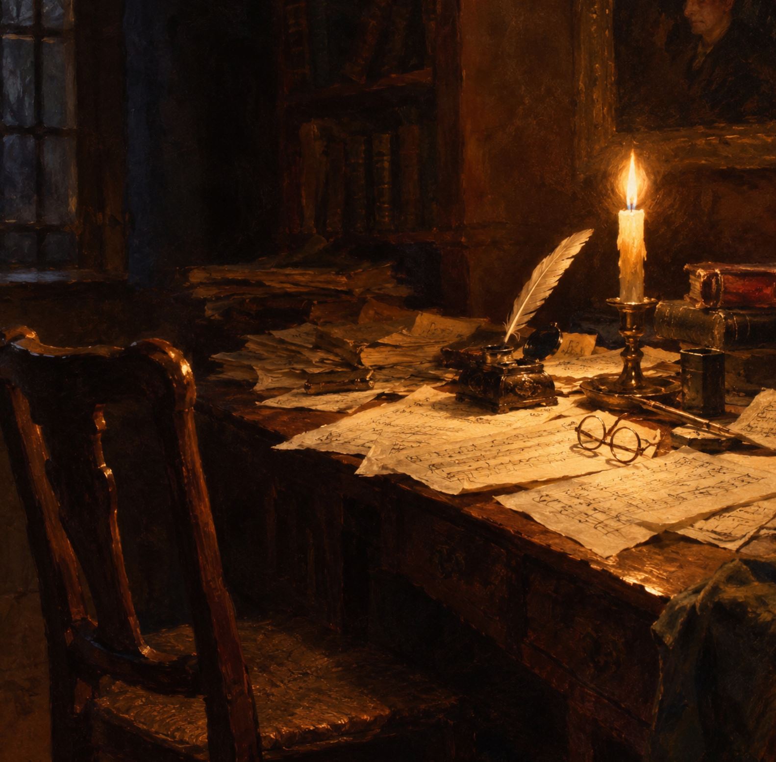 A cluttered 18th century writing desk lit by a single candle, sheets of hand written music manuscript scattered across it, an open ink pot with a quill, a pair of round spectacles, a wooden chair pushed back, warm golden light against a dark room