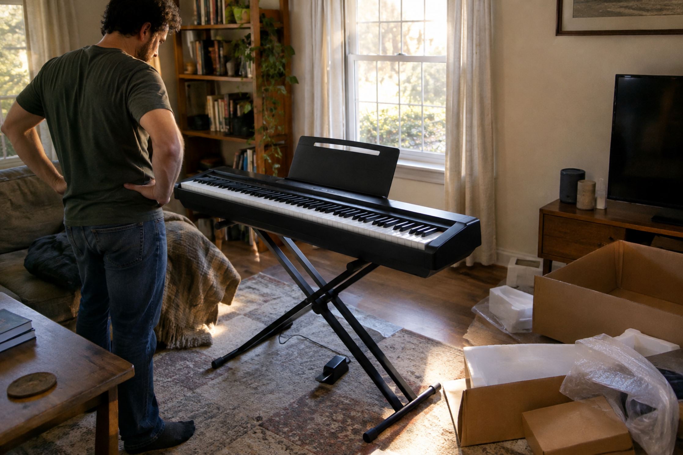 A newly unboxed digital piano on a stand in a living room with packaging cardboard still on the floor beside it, an adult standing looking at the keyboard with hands on hips, late afternoon light through a window, slightly cluttered real home interior