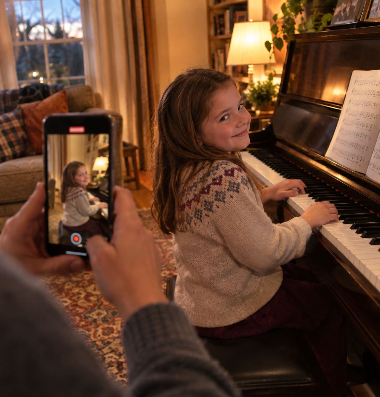 A parent holding a smartphone vertically filming their young child who is playing an upright piano, the child glancing over their shoulder toward the camera with a proud grin, warm evening lamplight, a living room with a rug and cushions, shot from slightly behind the parent