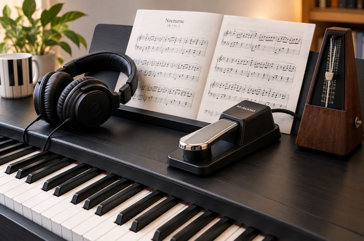 A digital piano with headphones, sheet music and a metronome on it