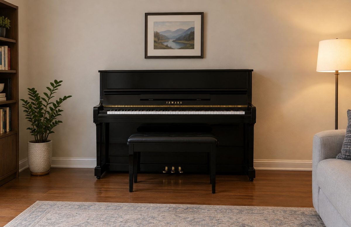 Piano positioned against an interior wall away from a window
