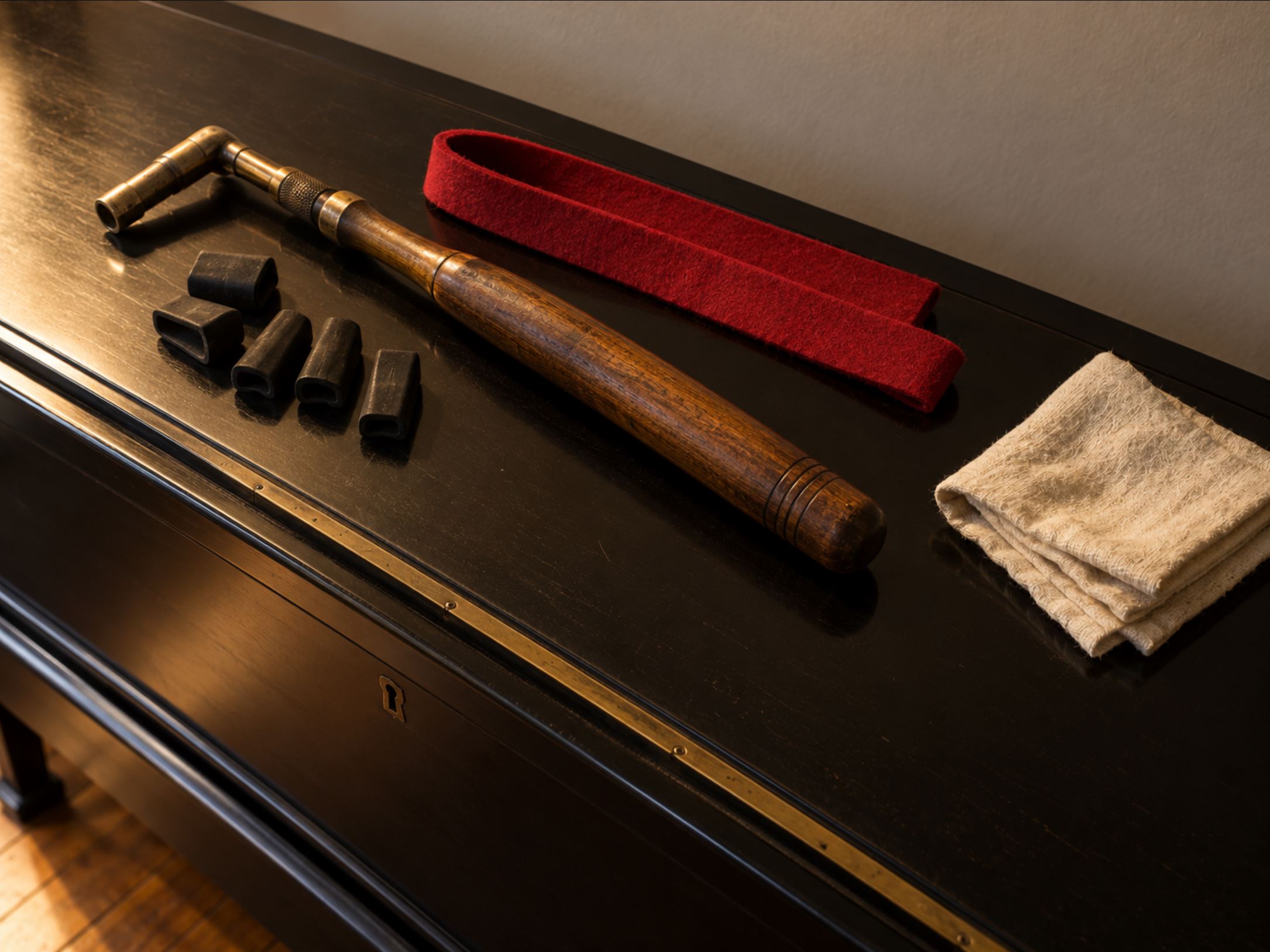 A technician's tuning lever, rubber mutes, a felt temperament strip and a small cloth laid out on the closed lid of a piano, arranged neatly, warm overhead light, worn brass and wood textures, nothing in motion