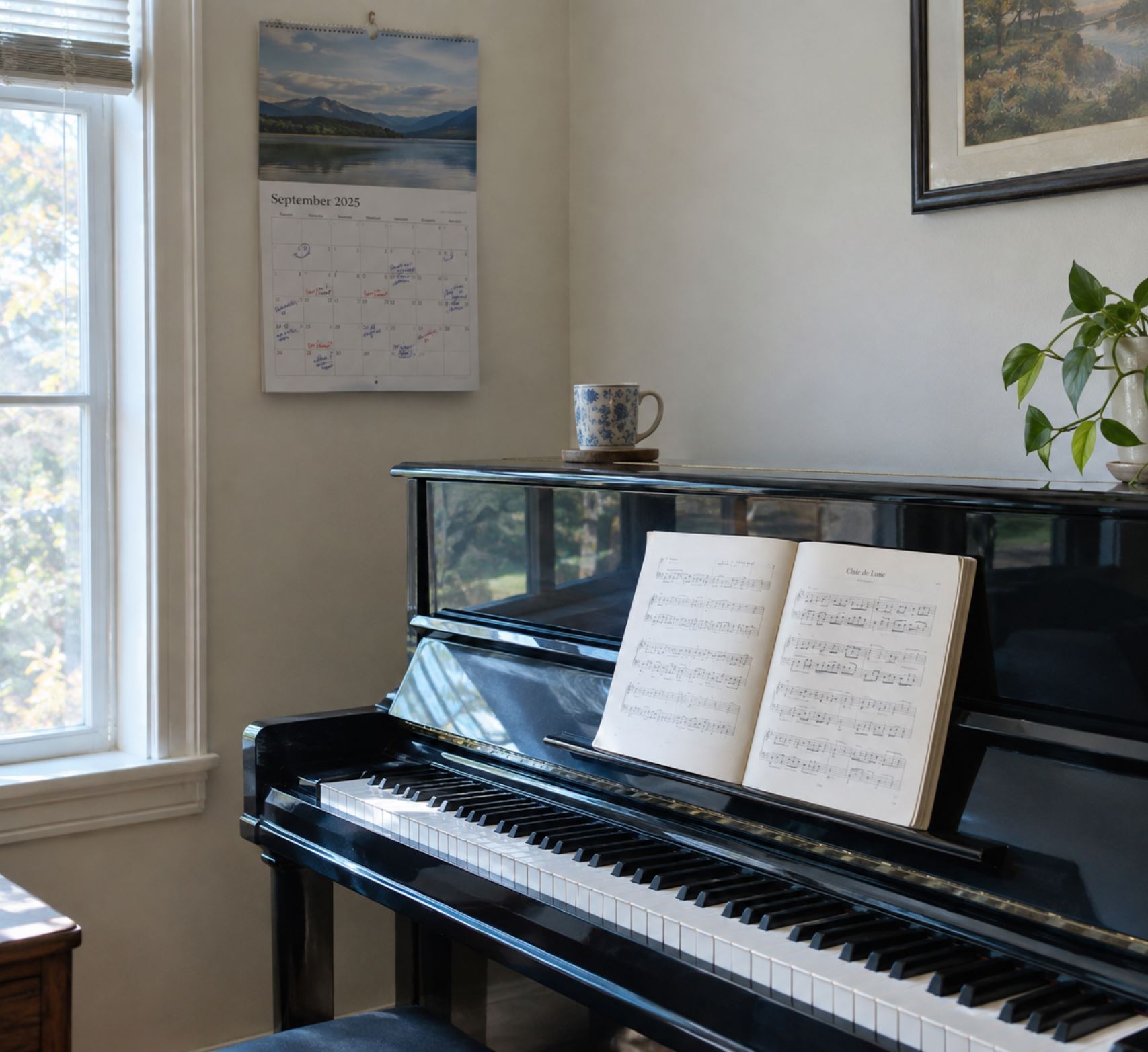 A wall calendar with dates marked in pen hanging beside an upright piano in a home, sheet music open on the stand, soft natural daylight from a nearby window, a mug on the piano lid