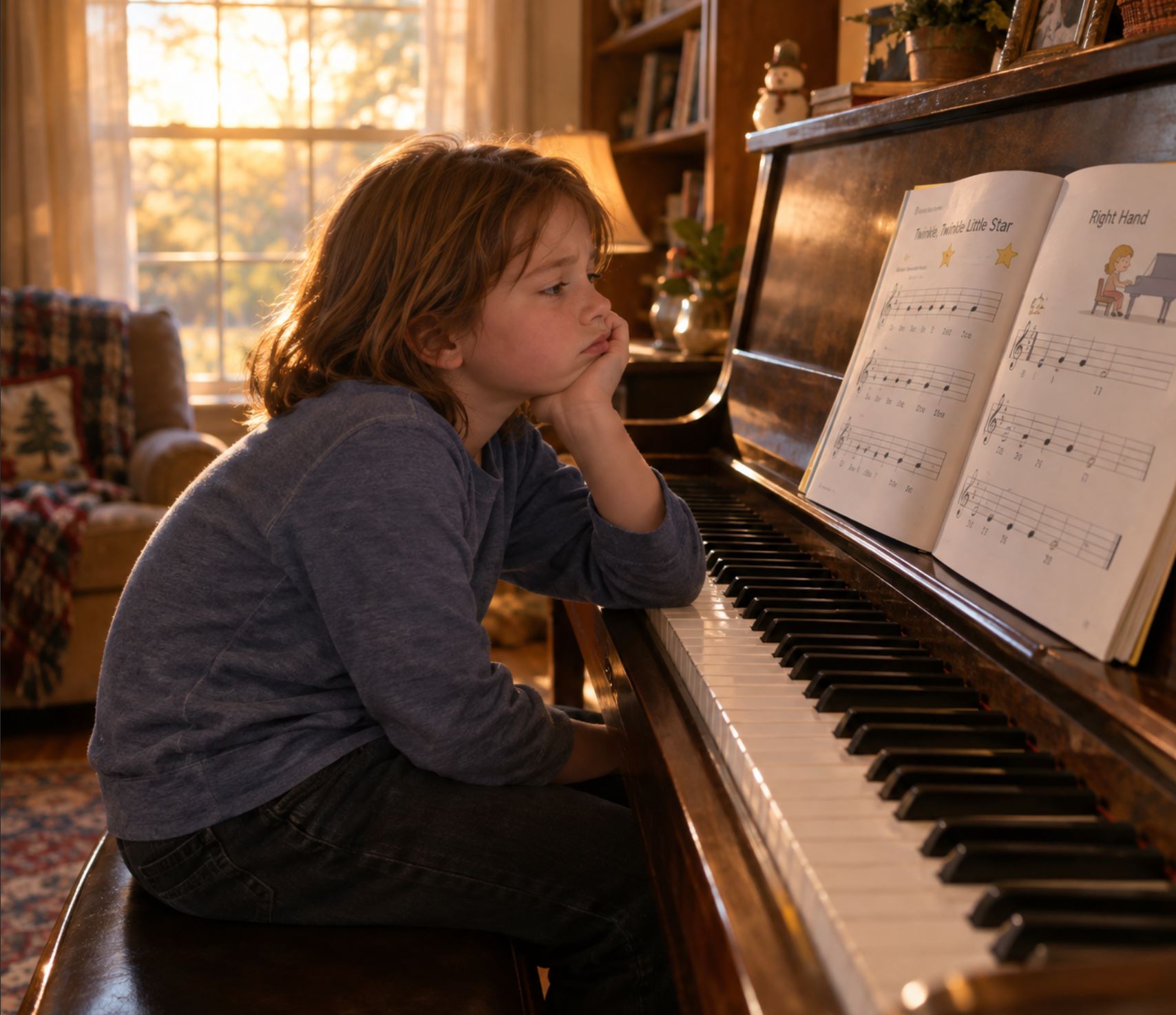 A young child around eight years old slumped at an upright piano in a warmly lit living room, chin resting on one hand, staring at an open beginner music book with a bored expression, late afternoon light through a window behind them
