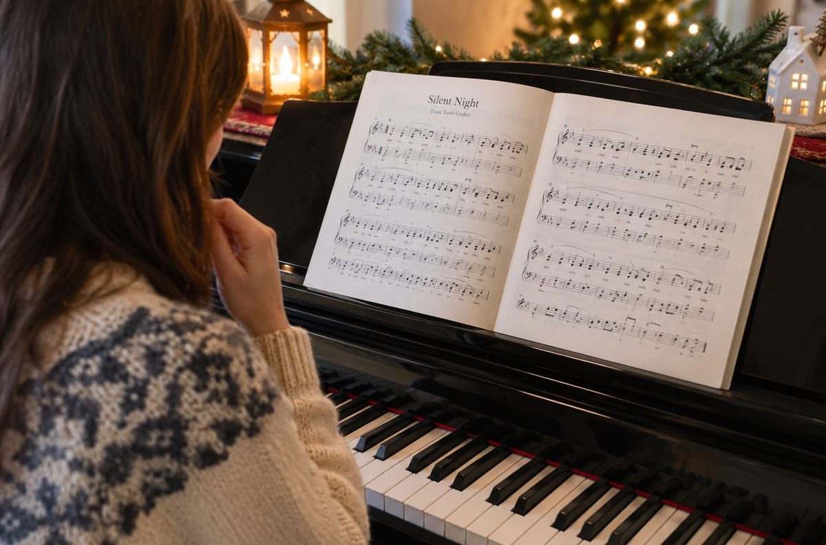 A person looking at printed sheet music at a piano