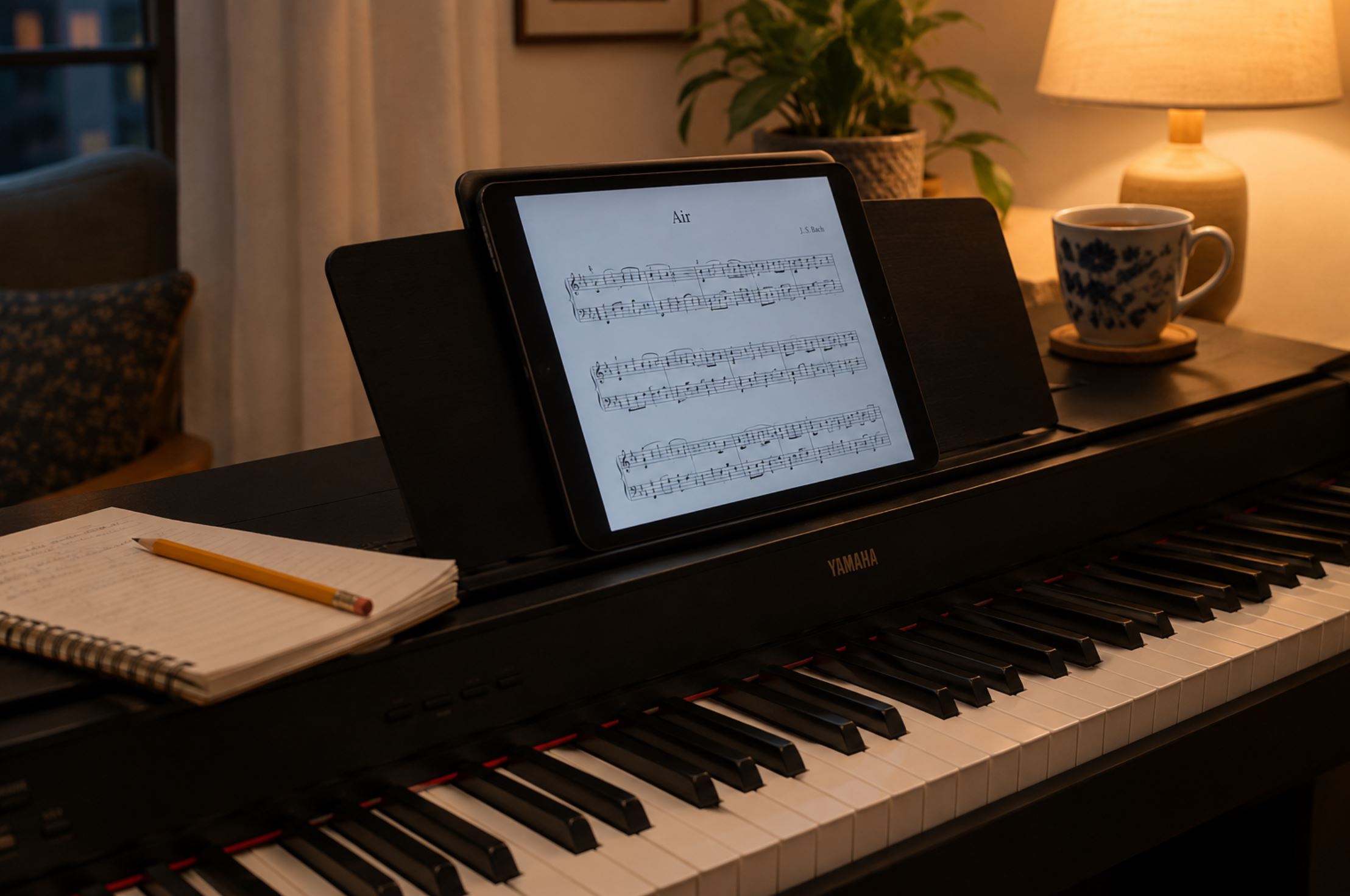 A tablet propped on a digital piano music stand displaying simple sheet music, a notebook and pencil resting on the piano lid beside it, a cup of tea in the background, evening lamp light, cosy home practice setup