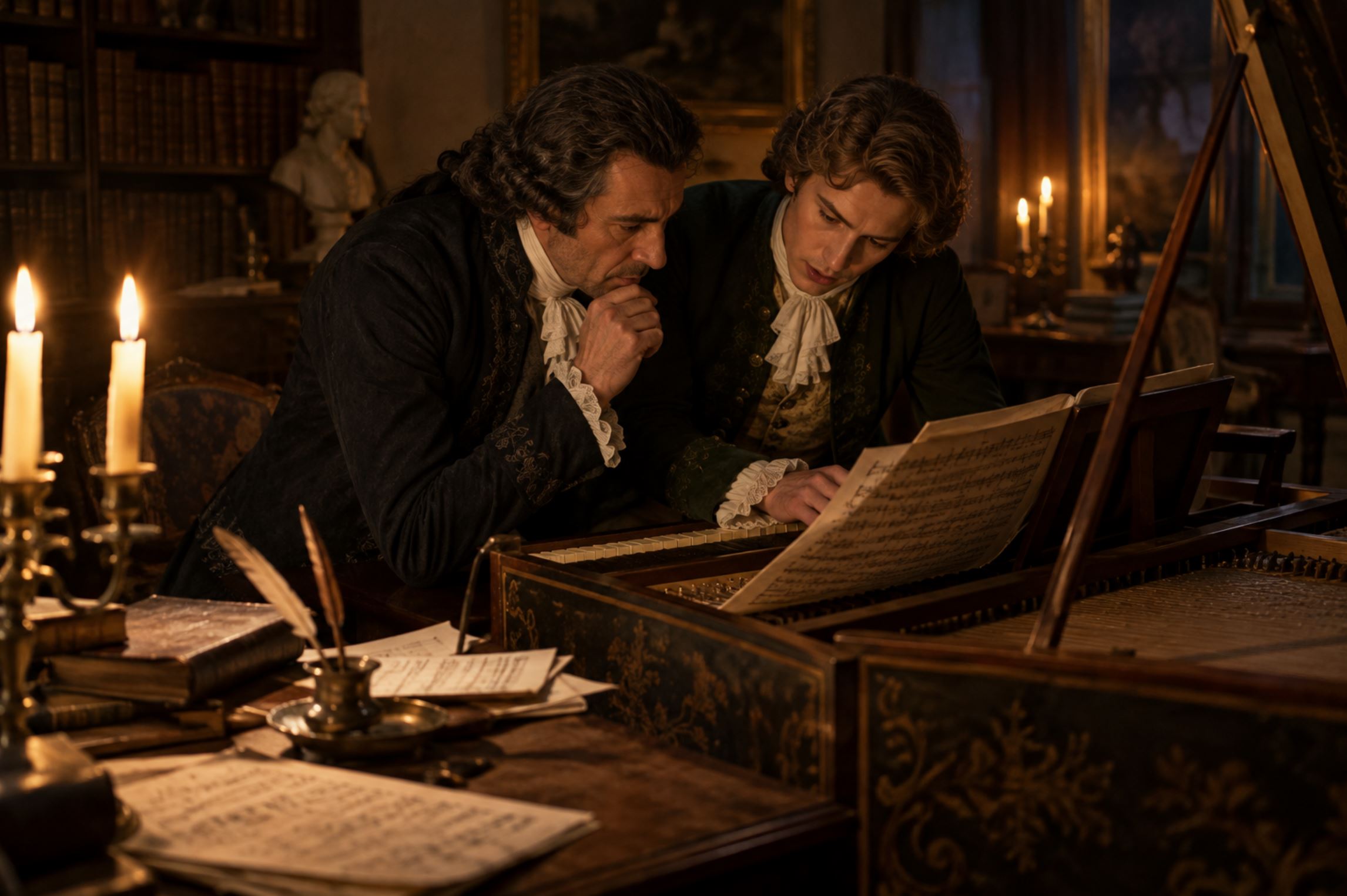 Two men in 18th century formal dress, one older with dark features and one younger, leaning together over a harpsichord in a candlelit study examining a sheet of manuscript, both absorbed and collaborative, papers and quills scattered on a nearby desk, warm intimate lighting