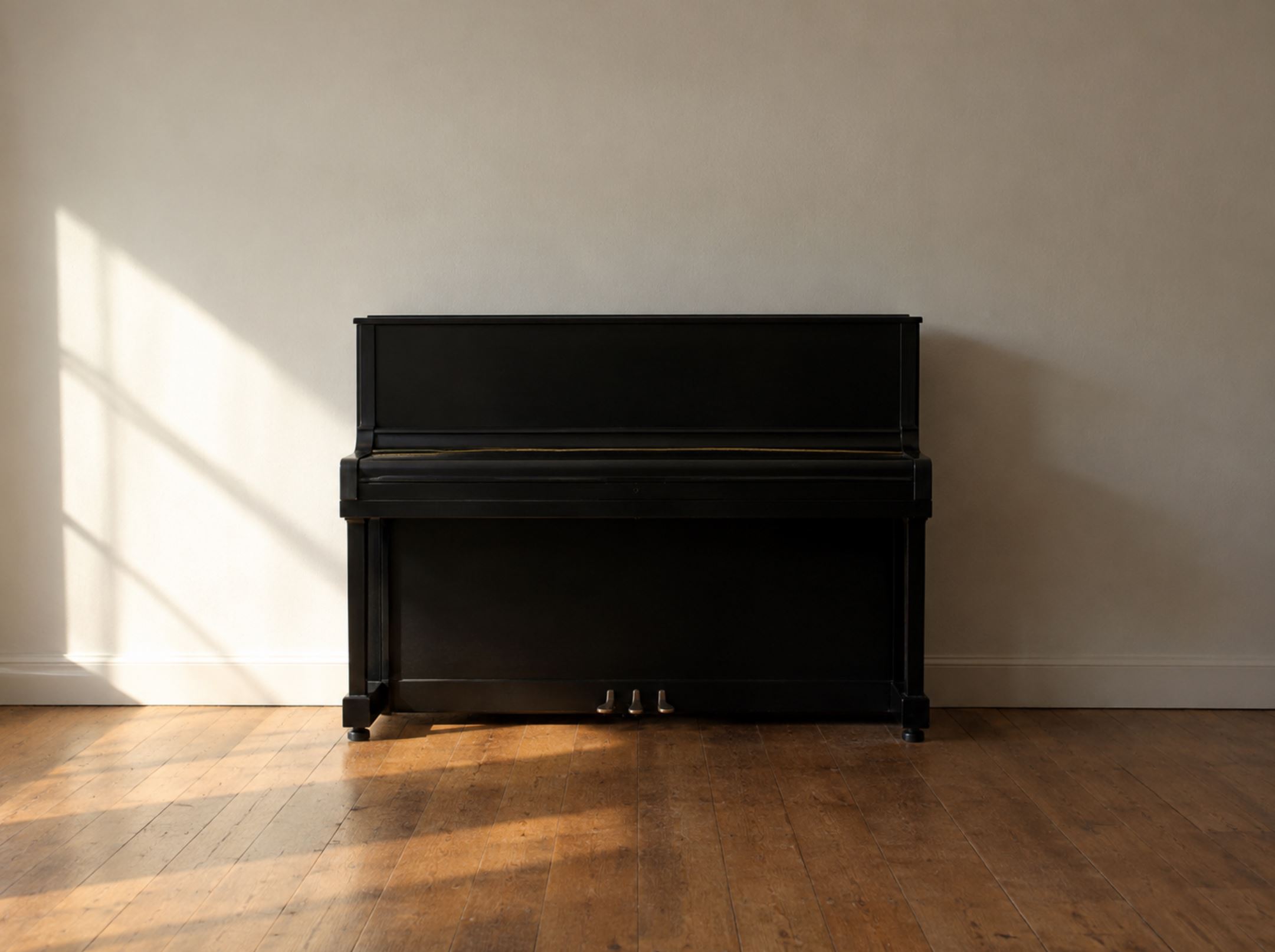A single black upright piano standing against a plain painted wall in an otherwise empty room, bare floorboards, afternoon light from the left casting a soft shadow, closed lid, no stool, no decoration, architectural and still