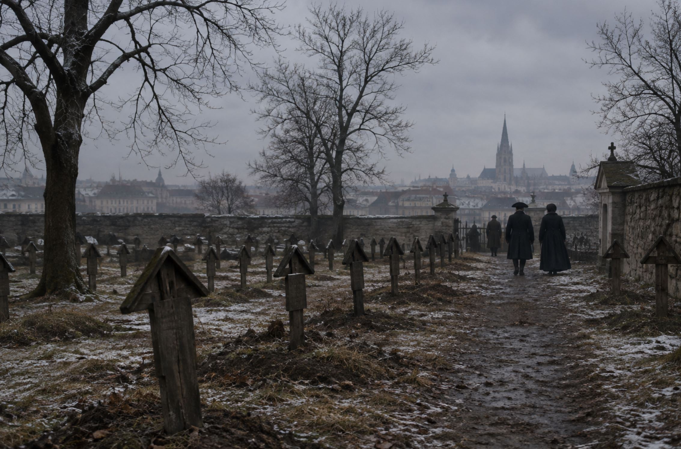 A bleak 18th century Viennese cemetery on an overcast winter day, bare trees, simple wooden grave markers in rows, a low stone wall, muted grey and brown tones, a few figures in dark period coats walking away in the distance