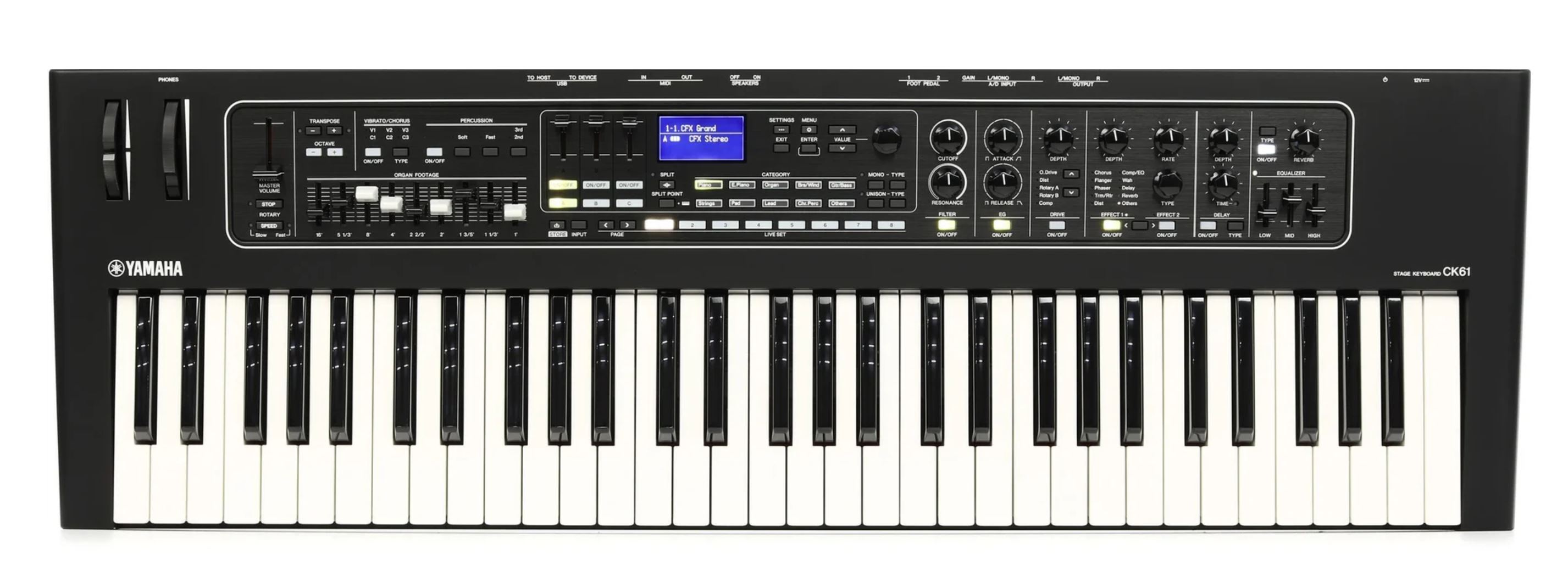 A 61 key stage keyboard photographed from a three quarter angle showing a control panel with physical drawbars and rotary knobs, matte black finish, studio lighting against a plain background